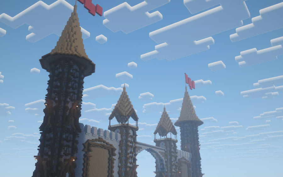 A grand medieval castle entrance featuring tall towers and red flags under clouds