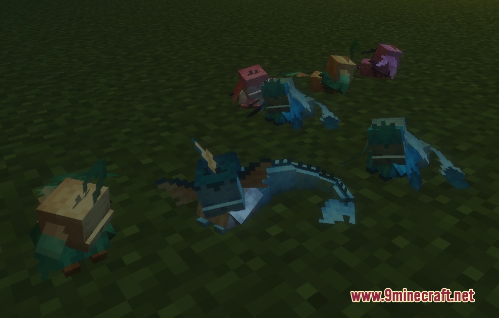 Mega Eeveelution and Fusion Mod Screenshot 2 A group of small colorful Mini Vee creatures scattered across the grassy field