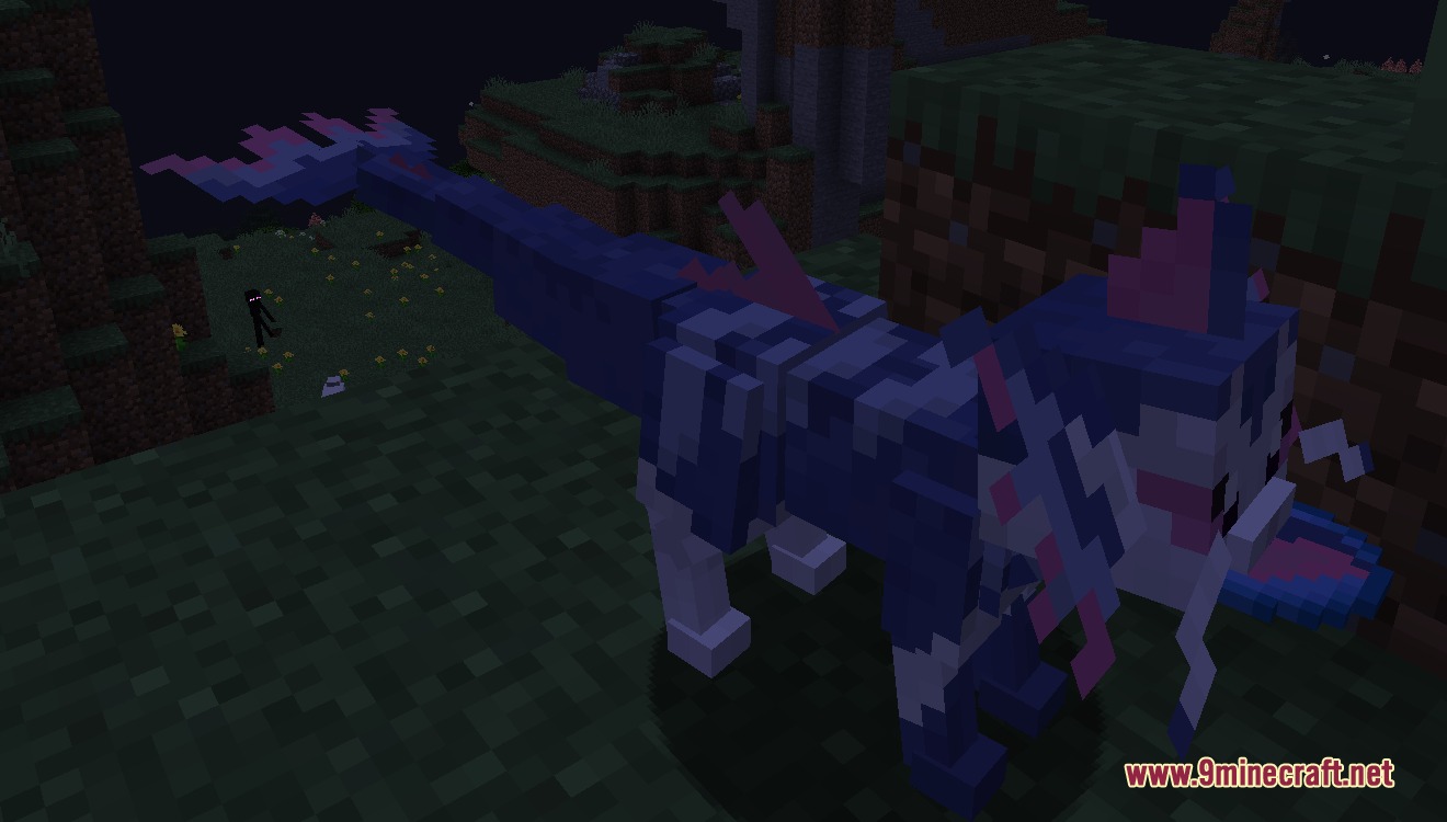 Mega Eeveelution and Fusion Mod Screenshot 3 A blue and purple mega evolved Vaporeon standing in a dark Minecraft field