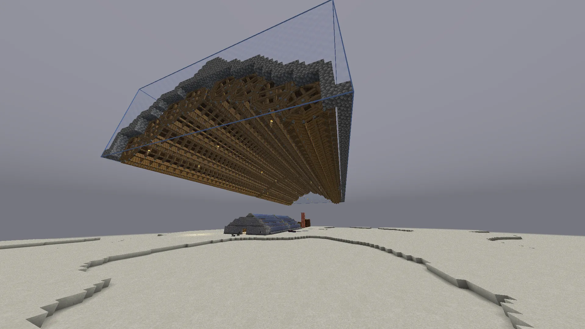 Low angle view of a large wooden generator structure floating in the sky