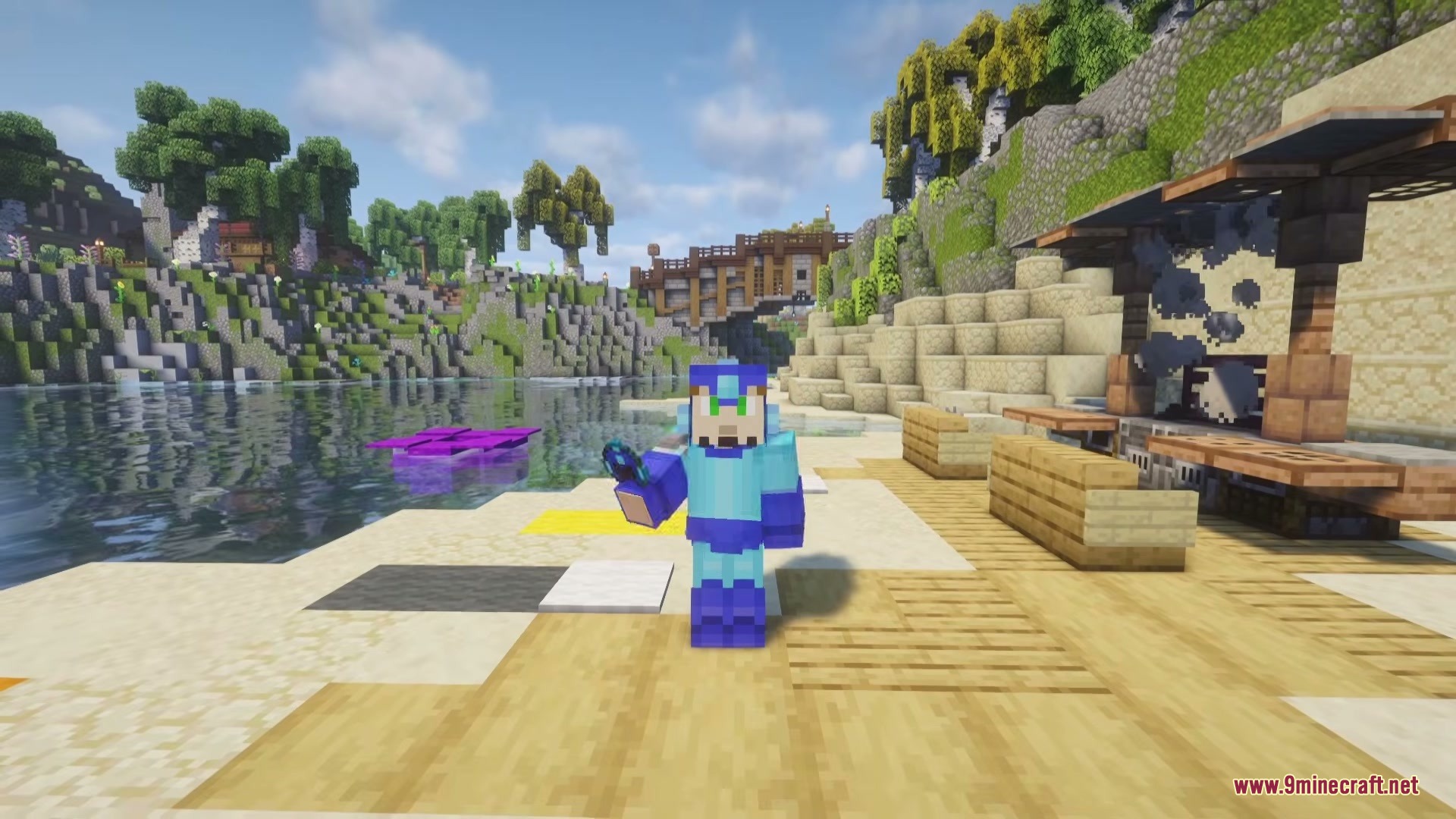 Megaman Armor Mod Screenshot 1 A player wearing blue armor from the Megaman Armor Mod on a beach