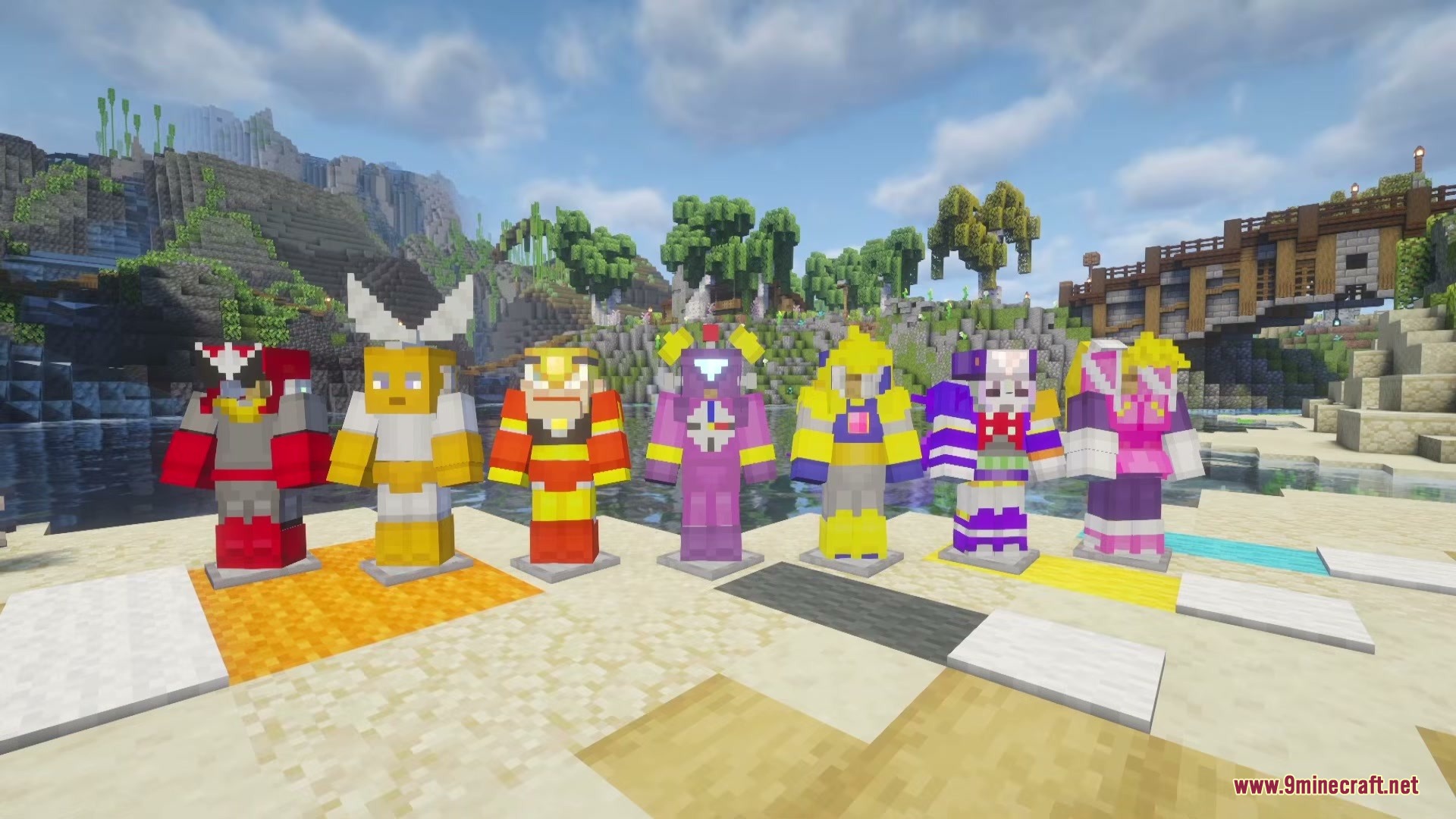 Megaman Armor Mod Screenshot 2 Various colorful robotic armor suits displayed on stands along a sunny beach