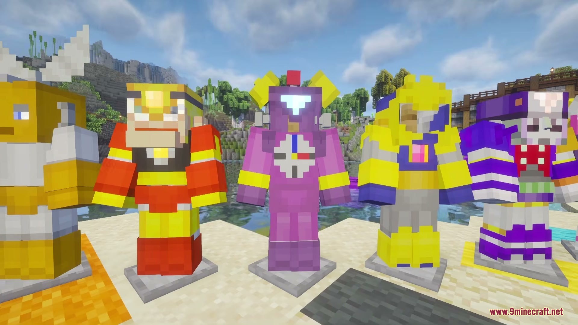 Megaman Armor Mod Screenshot 3 Five colorful robotic suits displayed on armor stands in a Minecraft world