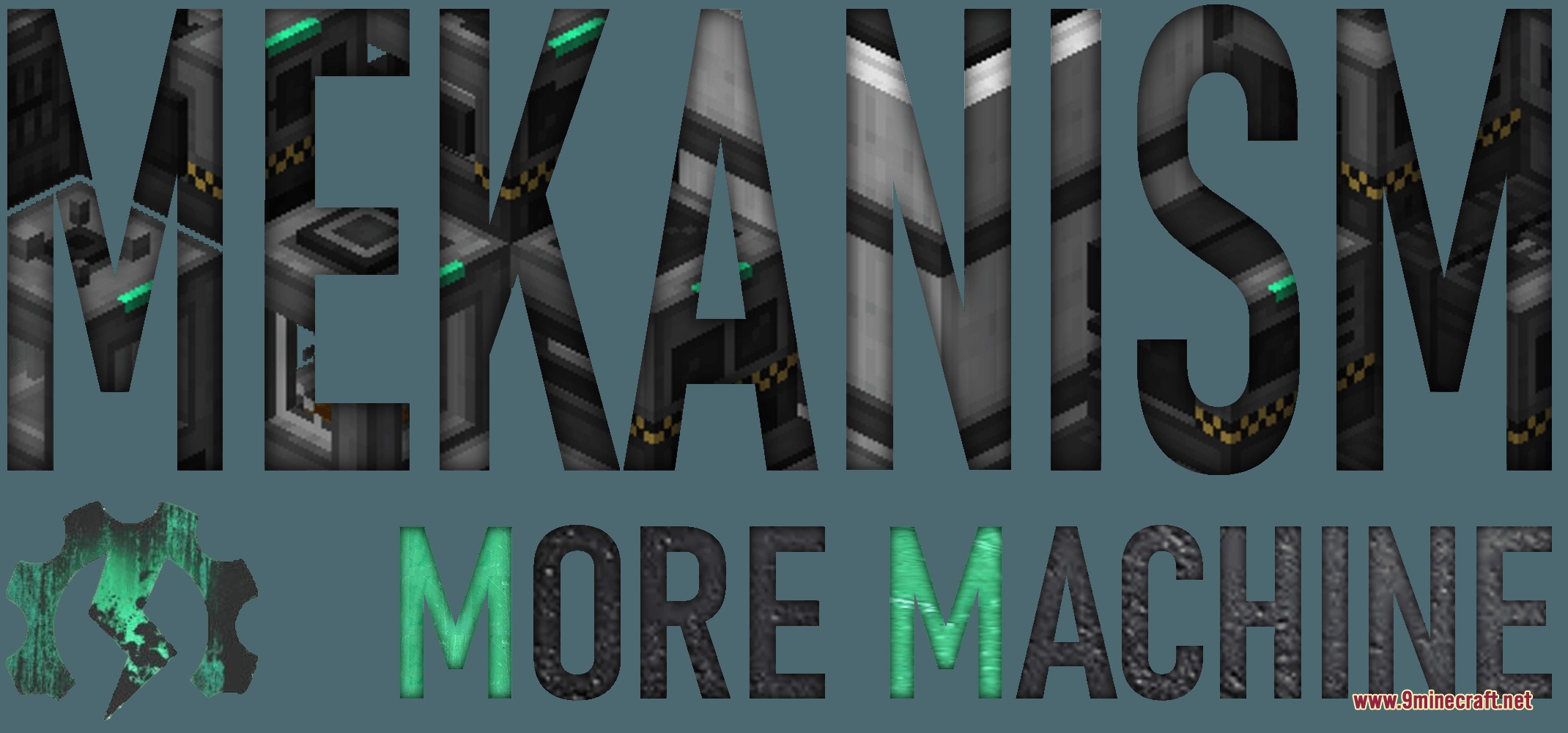 Promotional banner for the Mekanism More Machine mod with a mechanical gear logo