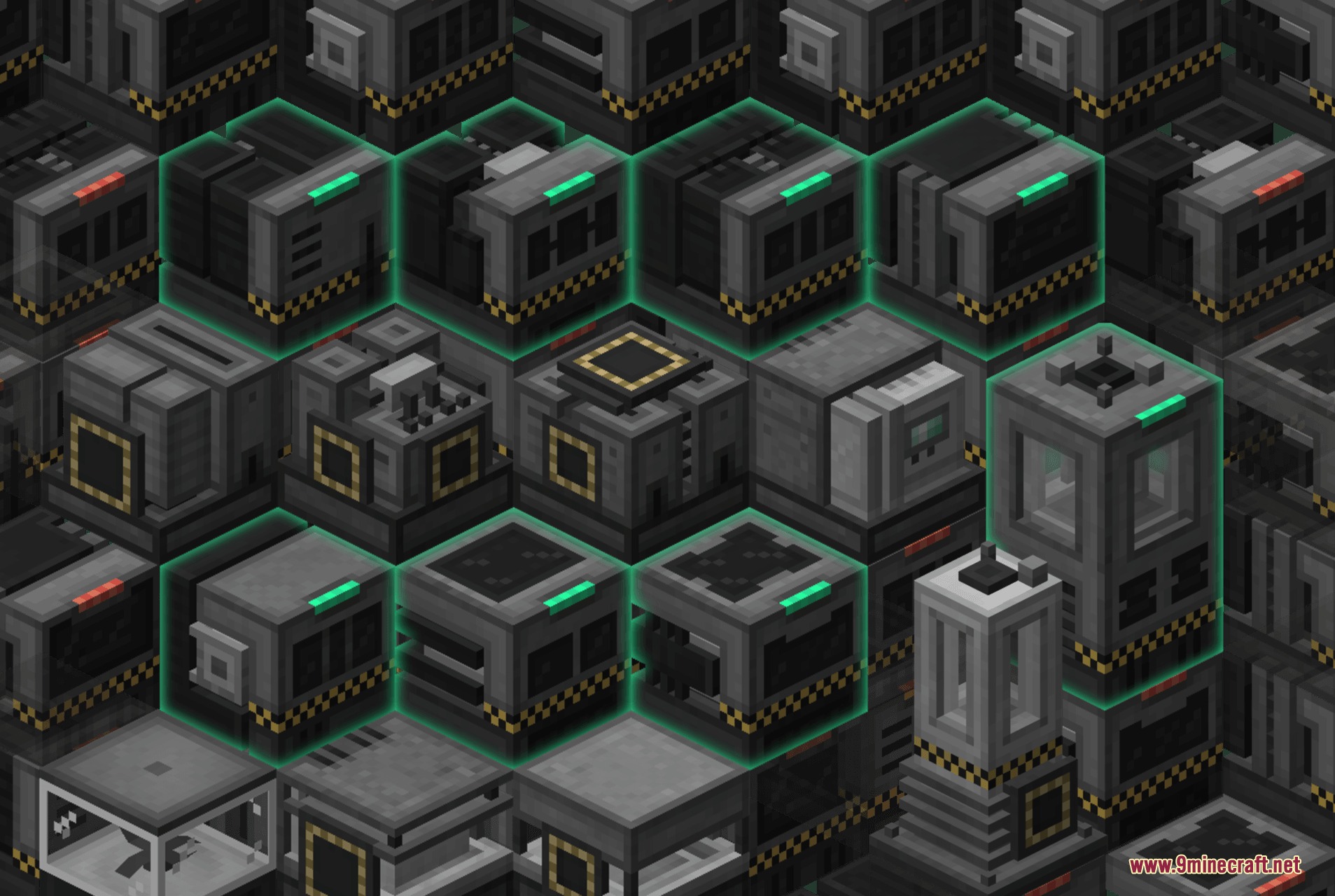 Isometric display of advanced industrial machinery blocks with glowing green power lines