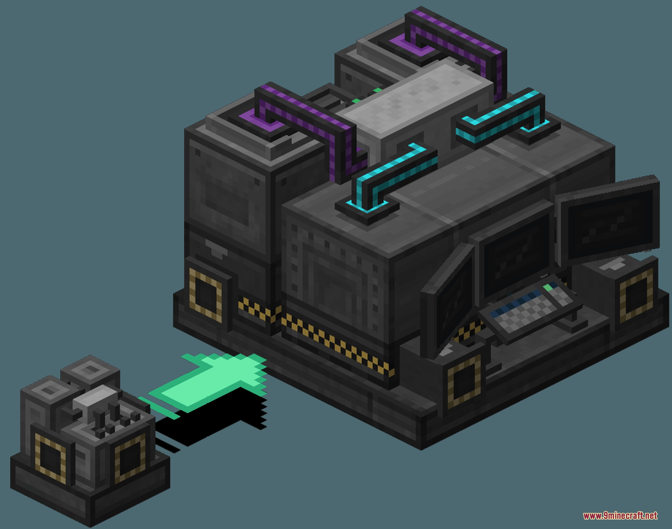 Large industrial machine with computer monitors and glowing pipes for automated crop production