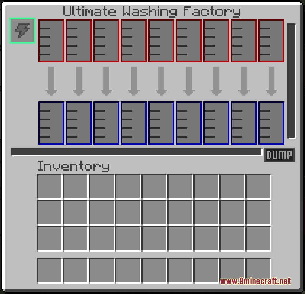 Ultimate Washing Factory interface showing nine input slots and a dump button