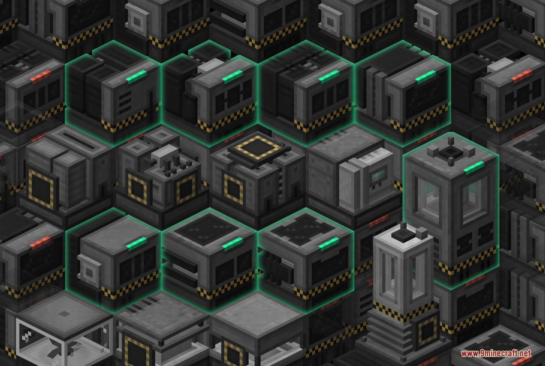 A grid of futuristic industrial machines from the Mekanism More Machine mod