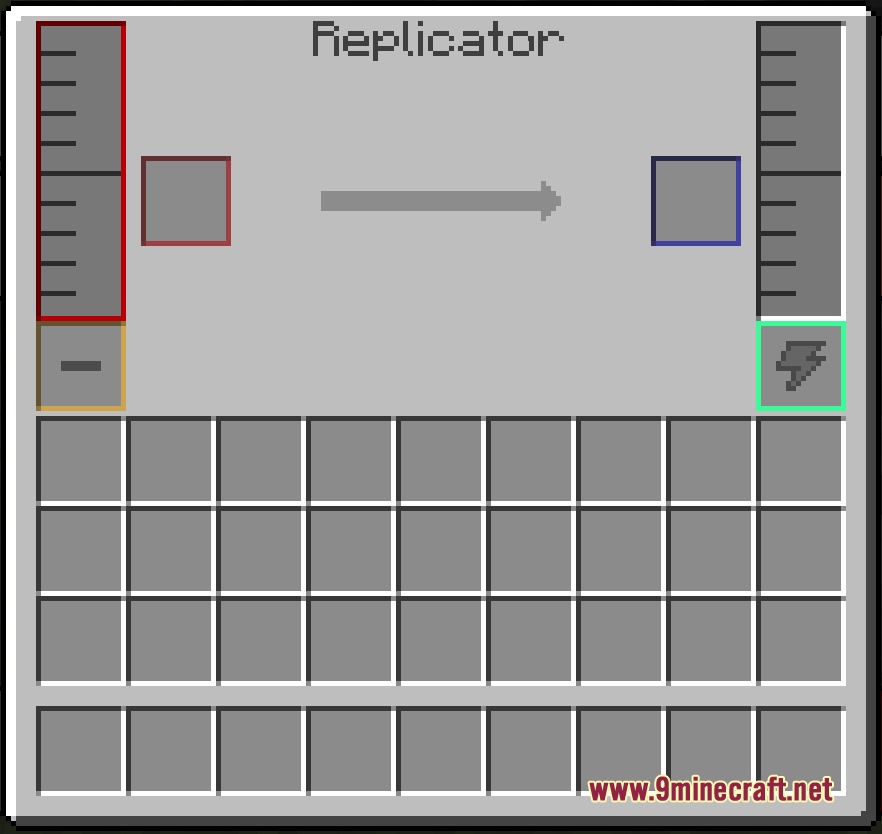The Replicator machine interface displays input and output slots for item duplication