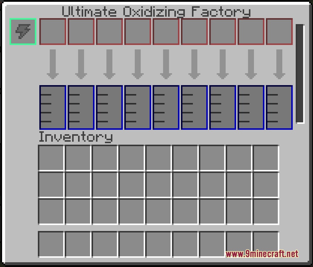An Ultimate Oxidizing Factory interface showing nine input and output slots