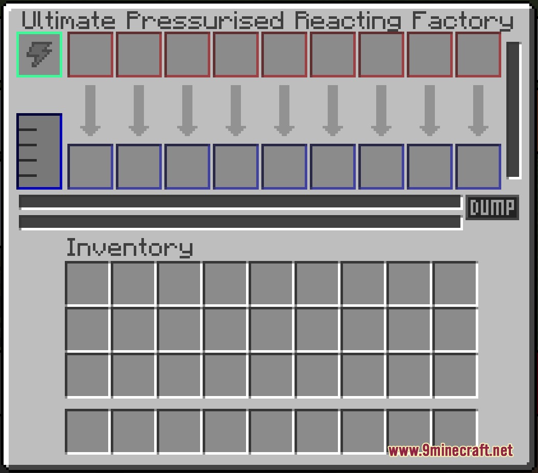 Interface of the Ultimate Pressurised Reacting Factory showing multiple input and output slots