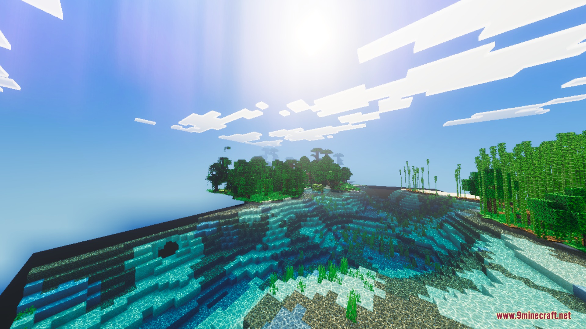 Mellowv Shaders Screenshot 1 Bright sun rays shining over a bamboo jungle biome with clear water