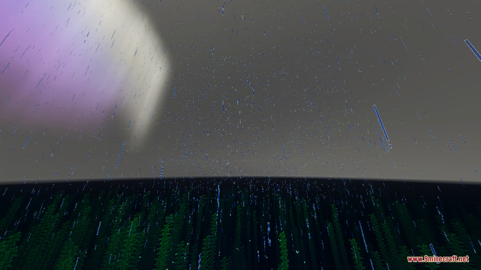 Mellowv Shaders Screenshot 10 Rain falling through the night sky with a faint purple aurora glowing above