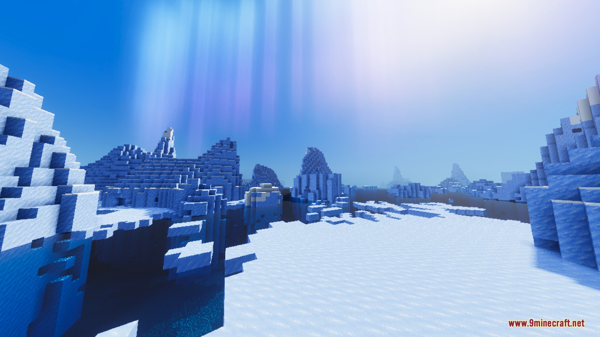 Mellowv Shaders Screenshot 2 Glowing aurora effects lighting up the sky over a frozen iceberg biome