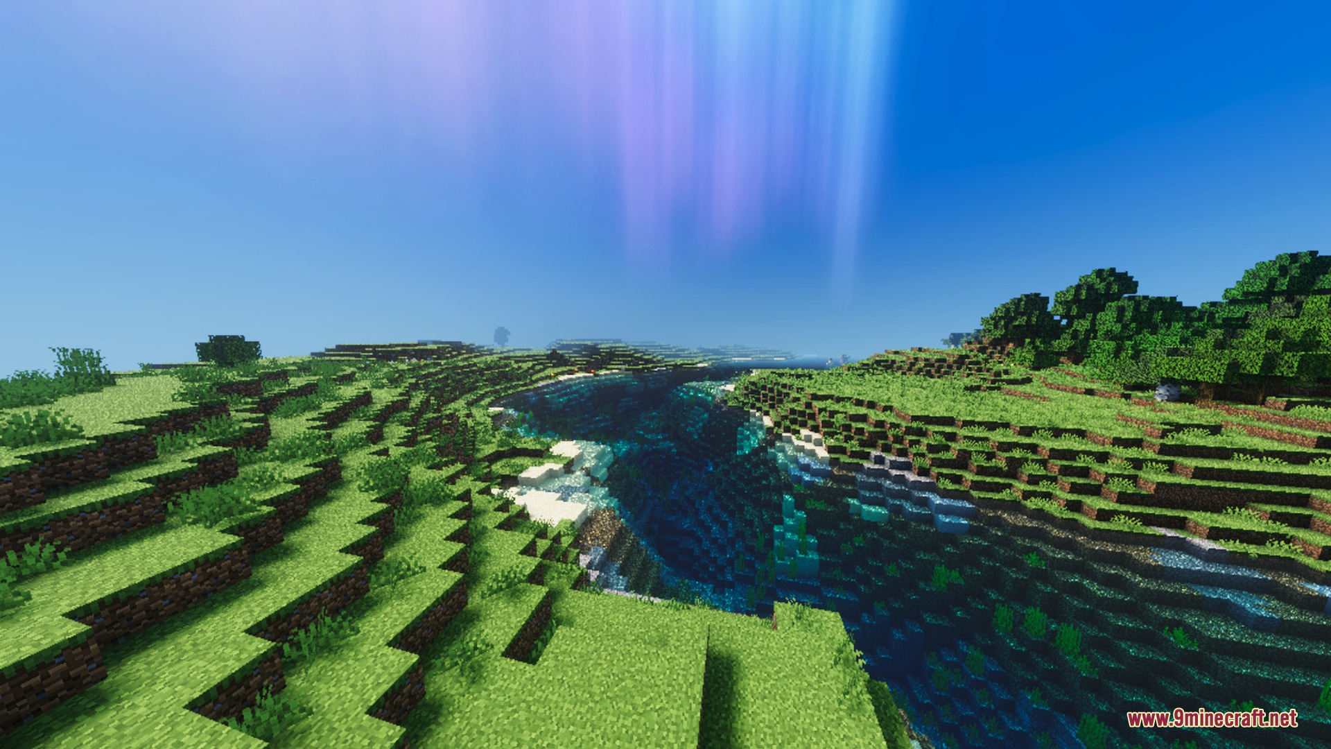 Mellowv Shaders Screenshot 3 A scenic Minecraft landscape featuring green hills and glowing purple sky beams