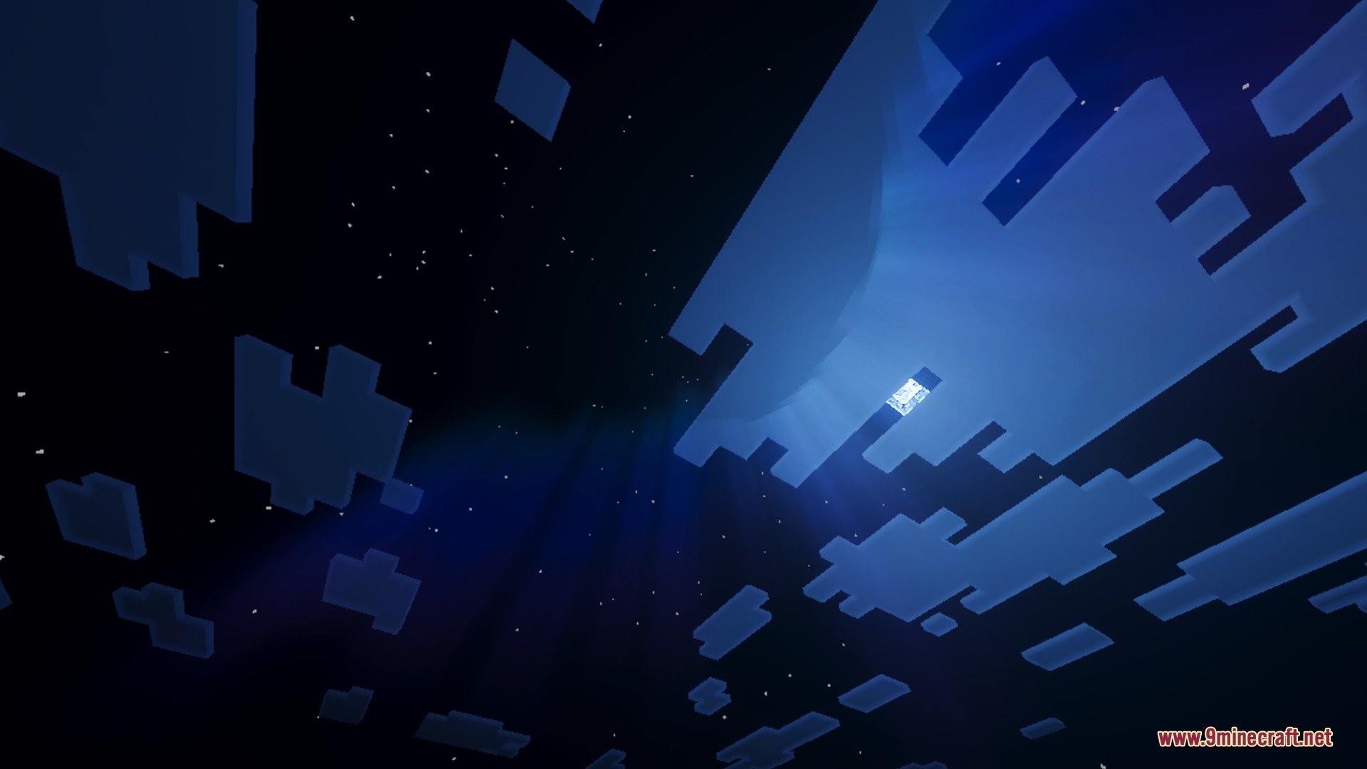 Mellowv Shaders Screenshot 4 A dark Minecraft night sky with blocky clouds and glowing aurora effects