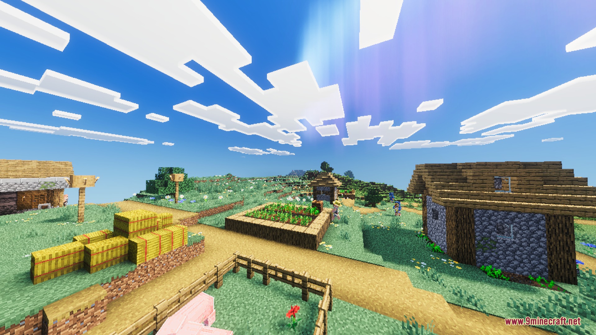 Mellowv Shaders Screenshot 5 Bright sun rays shine over a peaceful village with hay bales and farms