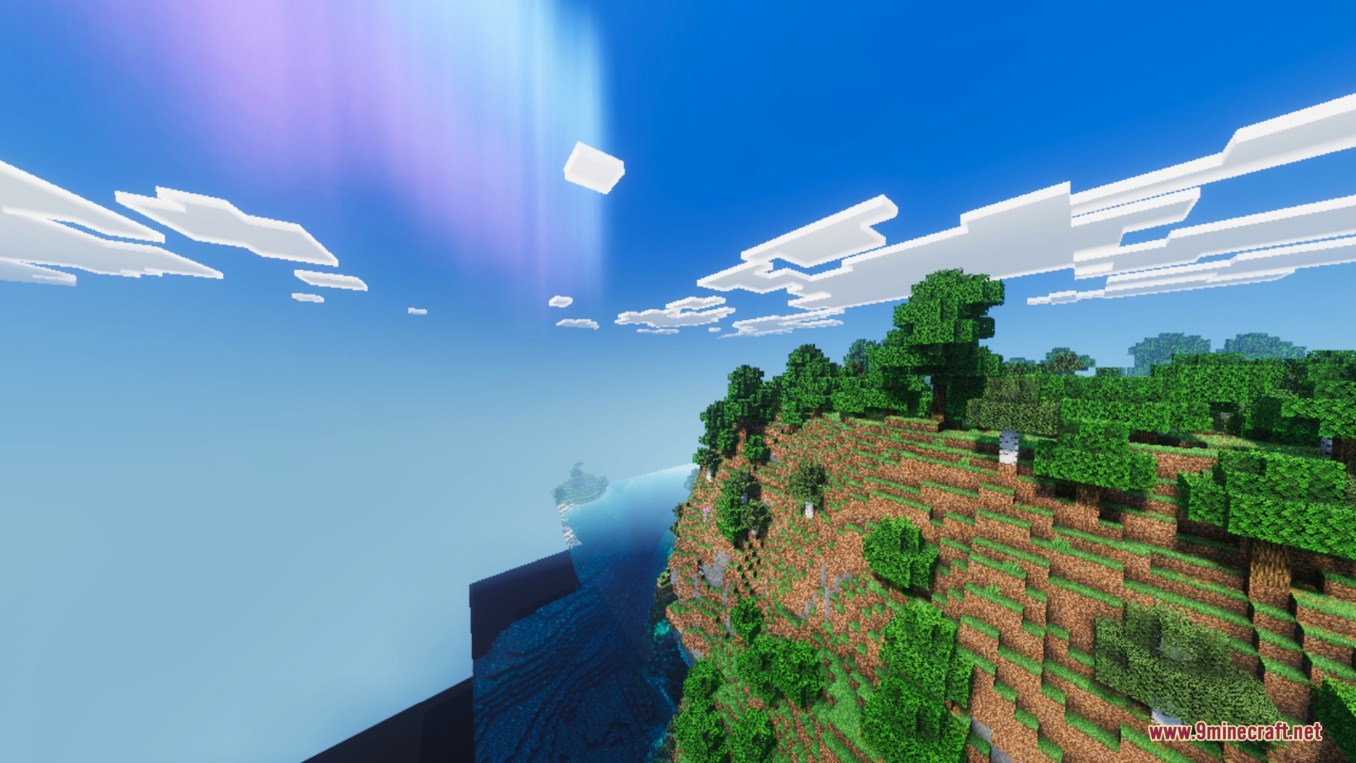 Mellowv Shaders Screenshot 6 A vibrant aurora glows in the sky above a lush cliff and ocean