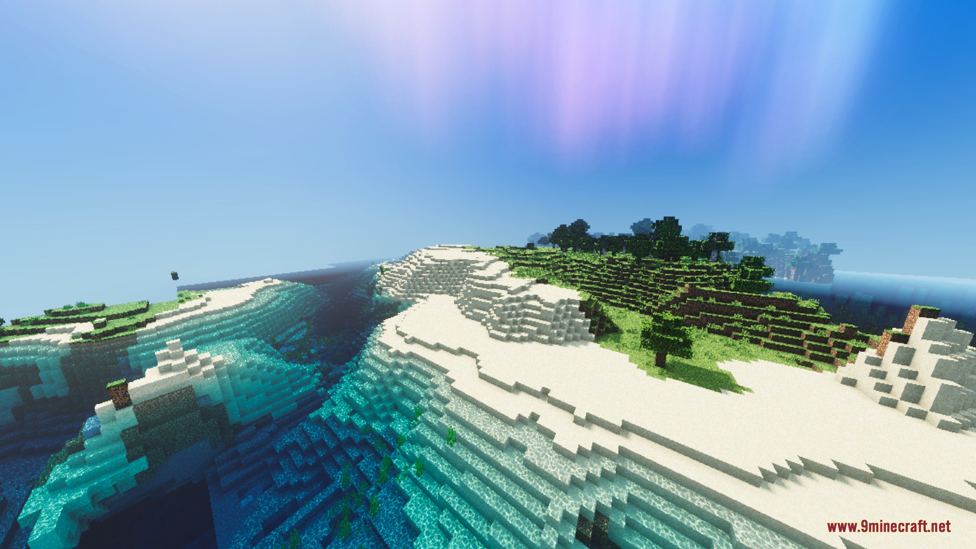 Mellowv Shaders Screenshot 7 Mellowv shaders feature a glowing purple aurora over a scenic coastal Minecraft landscape