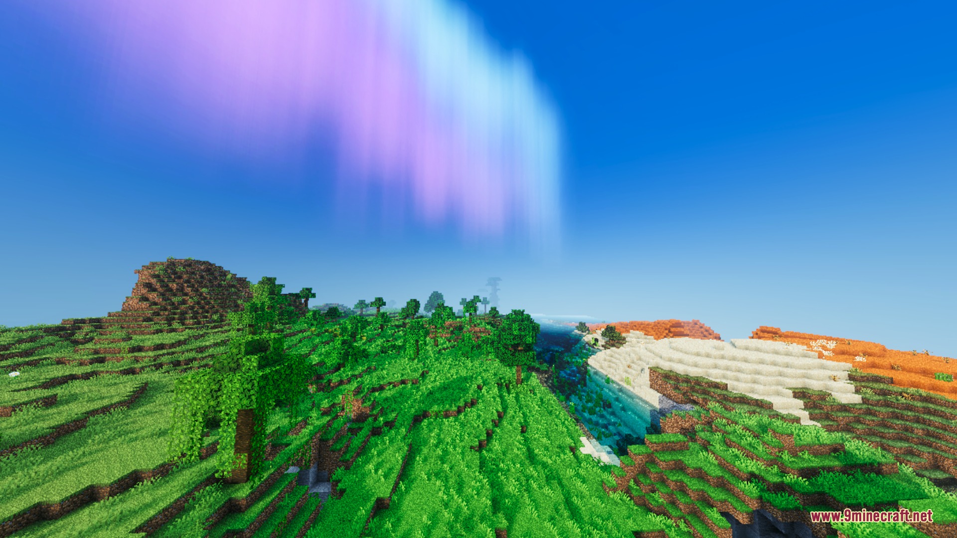 Mellowv Shaders Screenshot 9 Mellowv shaders display a colorful fantasy aurora over lush green Minecraft hills