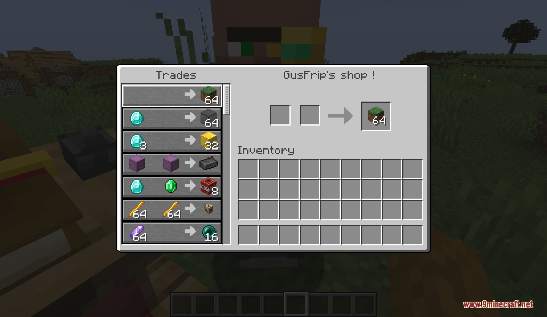 Merchant Guild Ledger Mod Screenshot 4 A custom shop interface displaying a trade for sixty four grass blocks