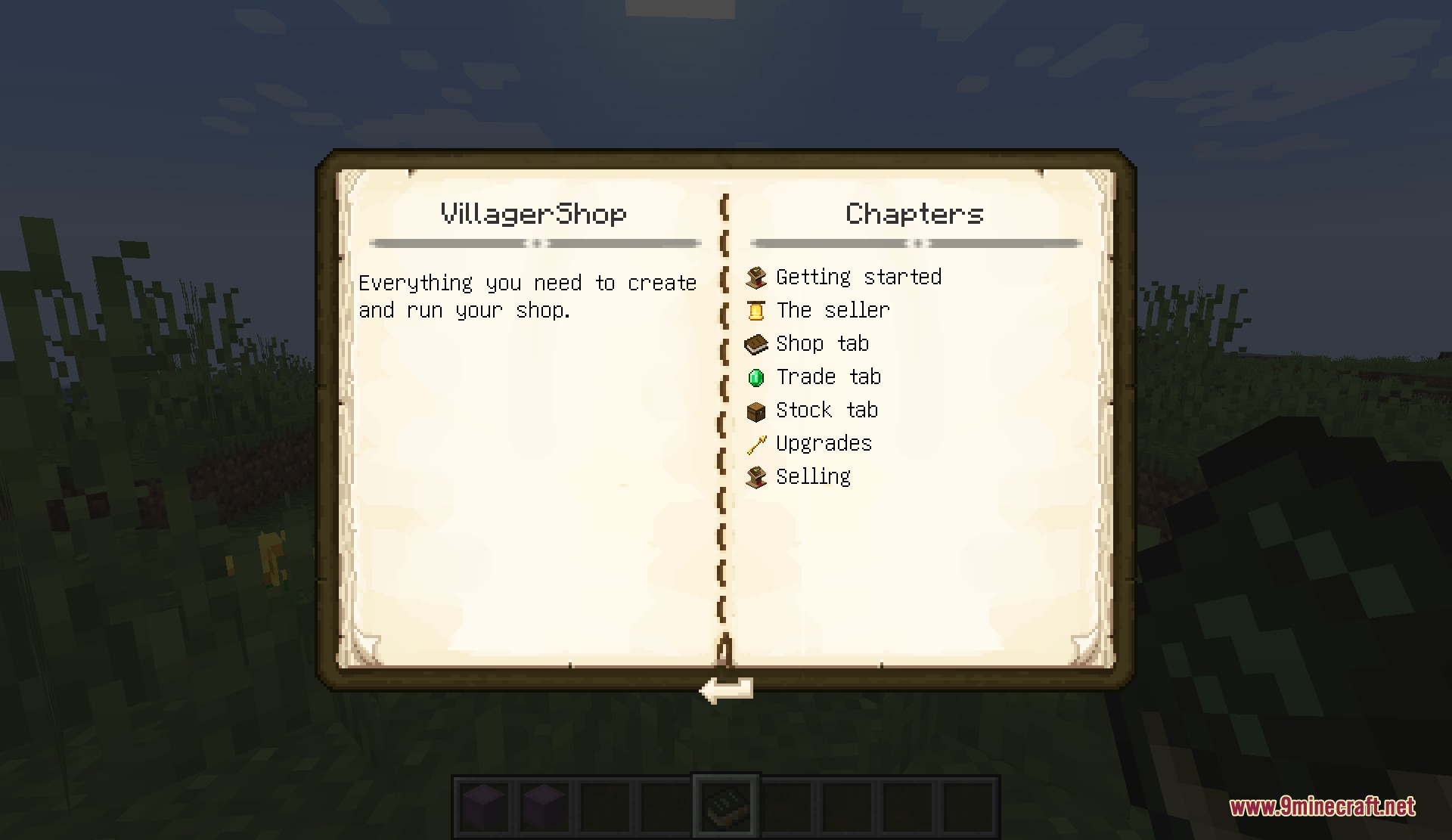 Merchant Guild Ledger Mod Screenshot 7 An open guide book displaying chapters for the Merchant Guild Ledger mod