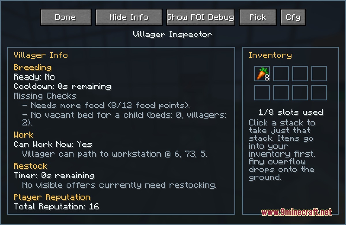 Merchant Master Key Mod Screenshot 1 Villager inspector interface showing breeding status and inventory items in Minecraft