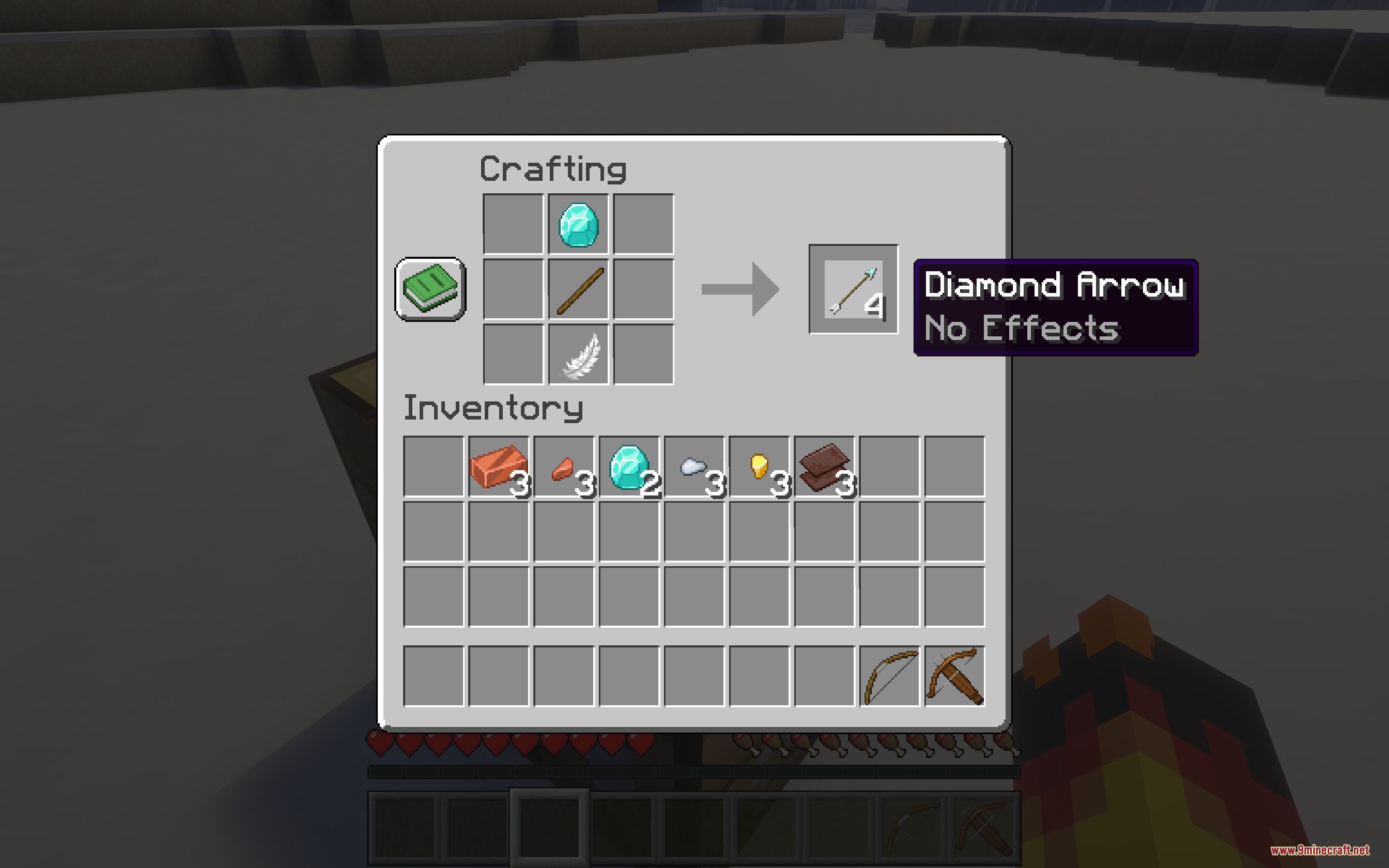 Metal Arrows Beyond Flint Mod Screenshot 1 A player crafting four Diamond Arrows using a diamond a stick and feather
