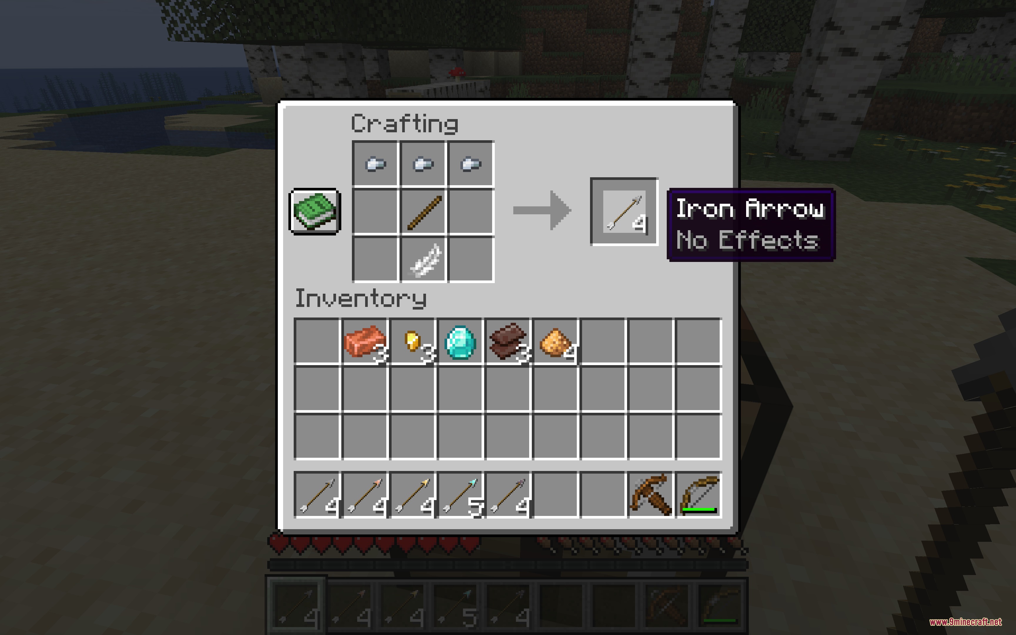 Metal Arrows Beyond Flint Mod Screenshot 3 A crafting table interface showing the recipe for four iron arrows