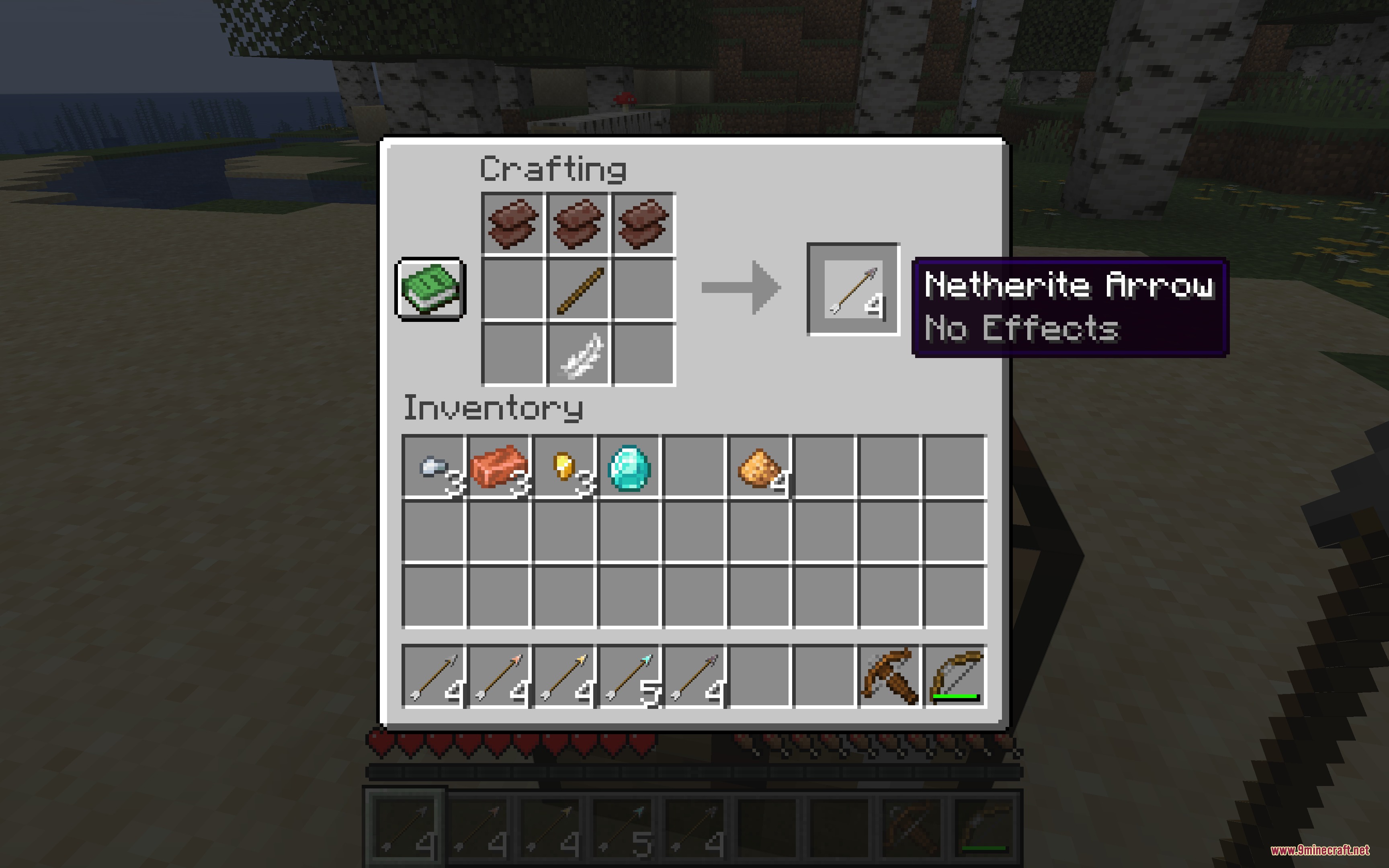 Metal Arrows Beyond Flint Mod Screenshot 7 Player crafting a Netherite Arrow with netherite scraps a stick and a feather