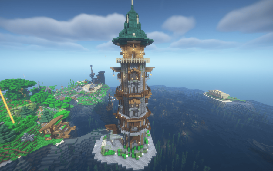 Mevieval Watch Tower with Full Interior Schematic File Schematic Screenshots 1 A tall medieval watch tower with a green roof on a small island