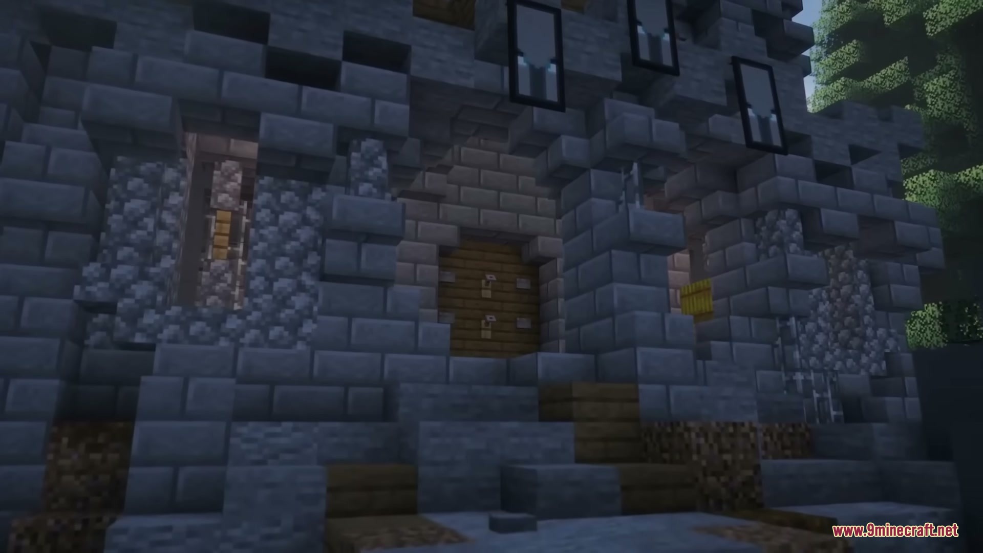 Middle Age Castles Mod Screenshot 10 Exterior view of a large stone fortress with banners and a wooden entrance