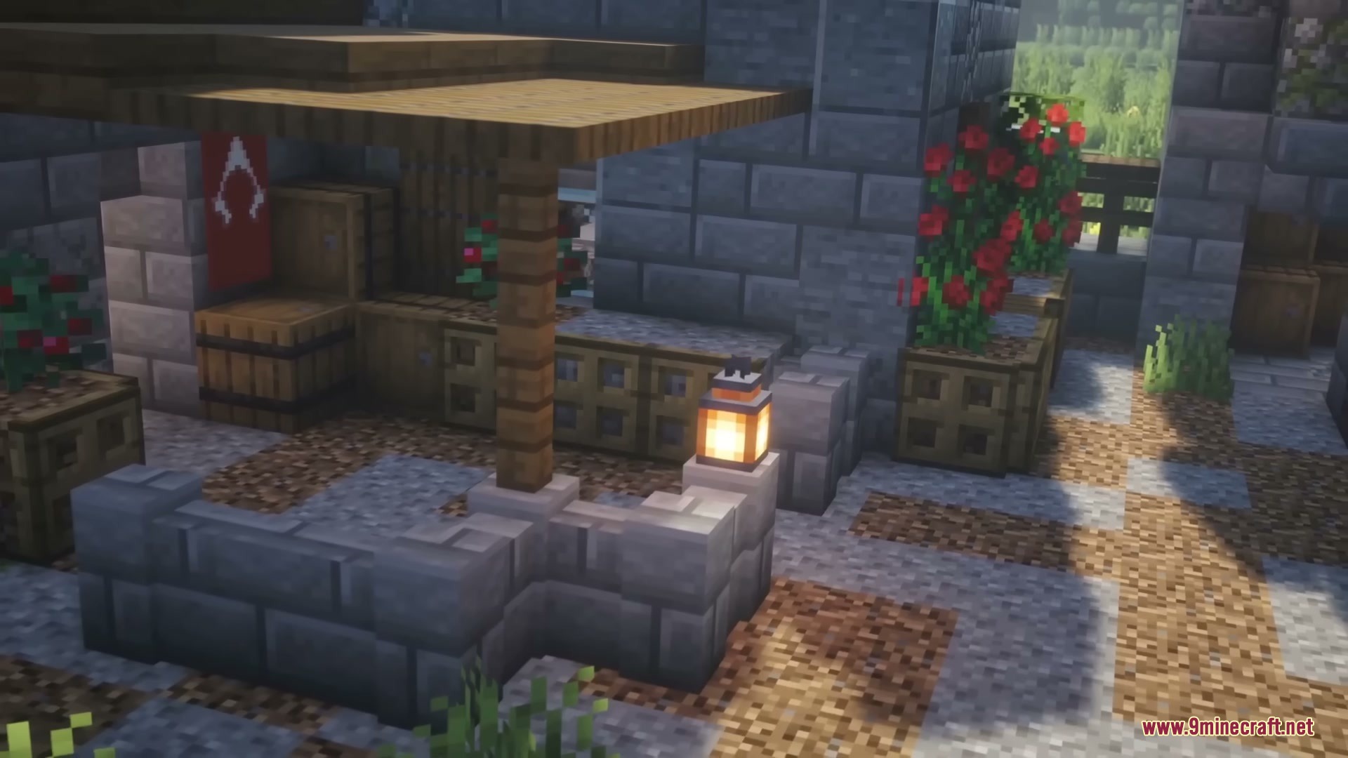 Middle Age Castles Mod Screenshot 11 Detailed medieval market stall with stone walls and wooden barrels in a village