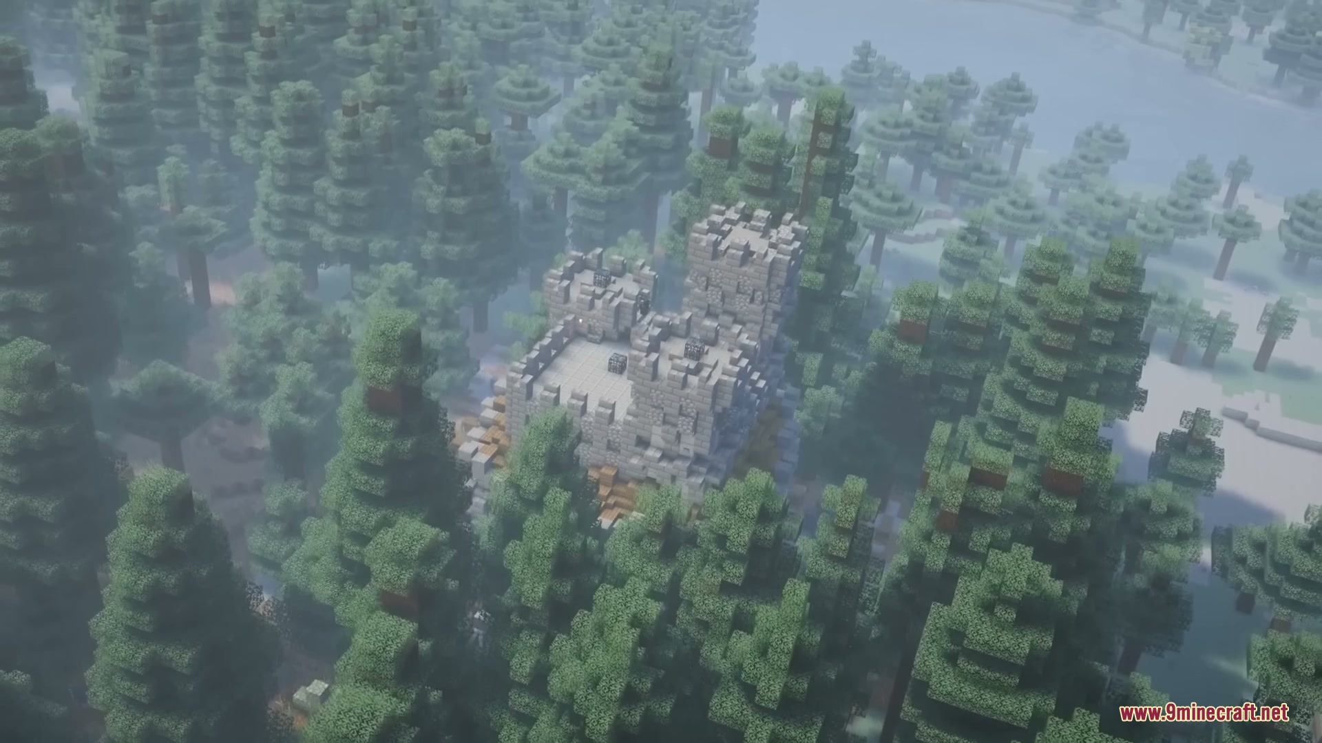 Middle Age Castles Mod Screenshot 13 A stone castle structure surrounded by tall trees in a spruce forest