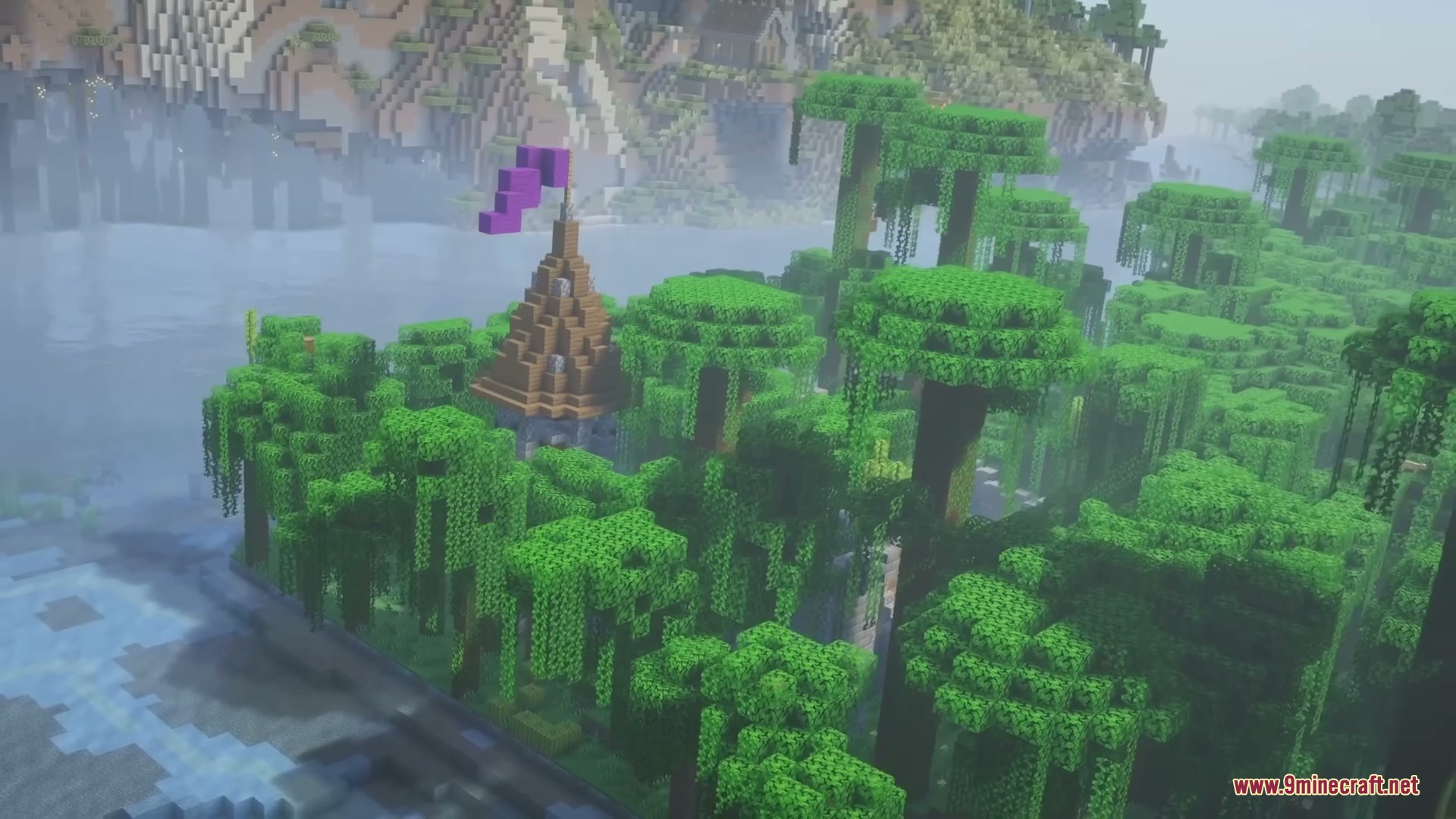 Middle Age Castles Mod Screenshot 14 A medieval tower with a purple flag standing in a lush jungle