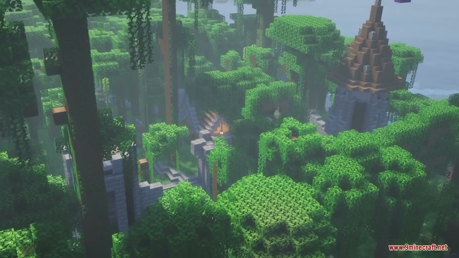 Middle Age Castles Mod Screenshot 15 A medieval stone tower and ruins hidden within a dense jungle biome