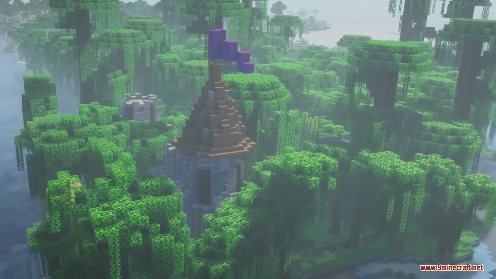 Middle Age Castles Mod Screenshot 16 A stone tower with a purple flag standing tall in the jungle