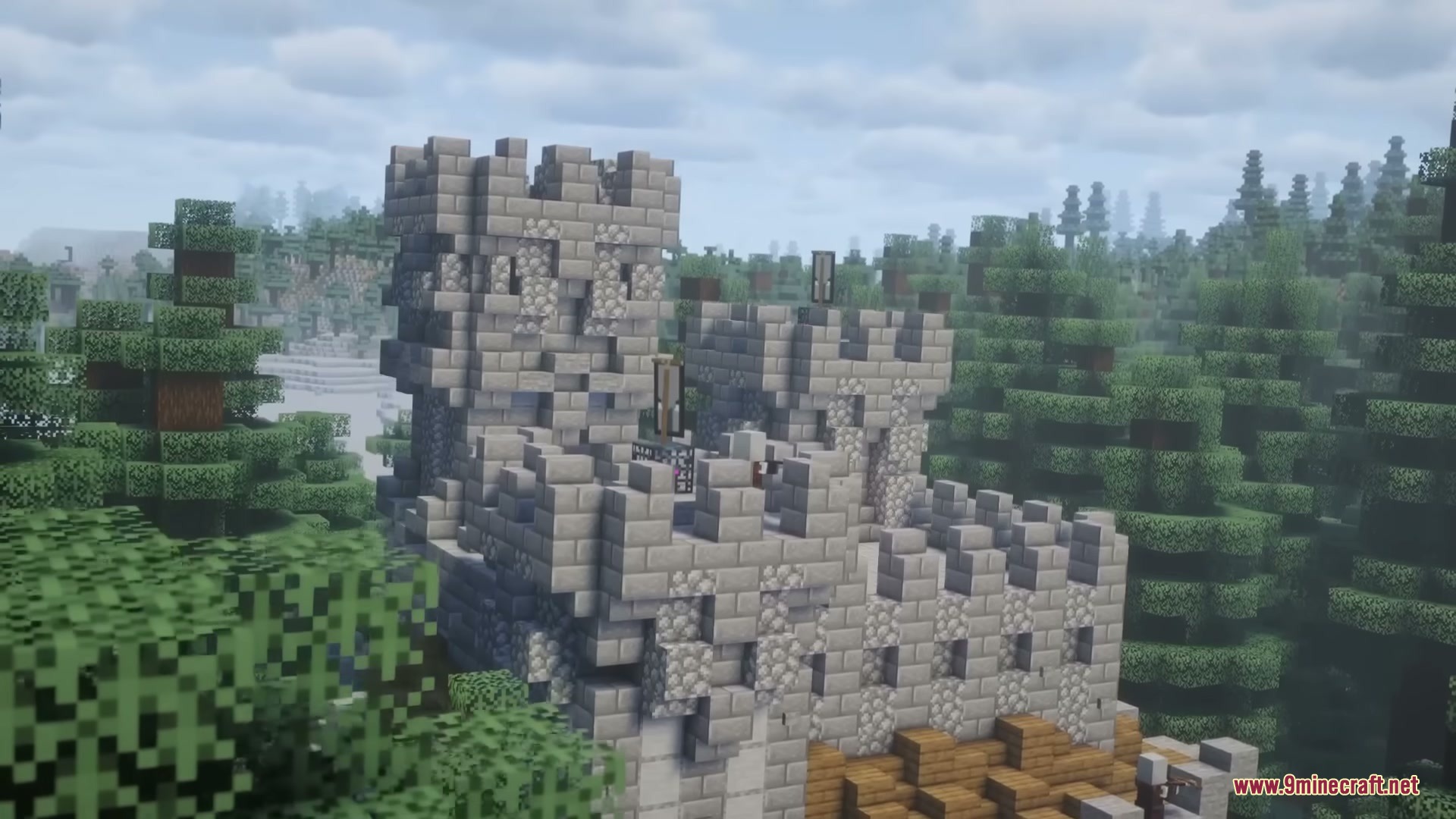Middle Age Castles Mod Screenshot 17 A medieval stone castle with tall towers situated in a spruce forest