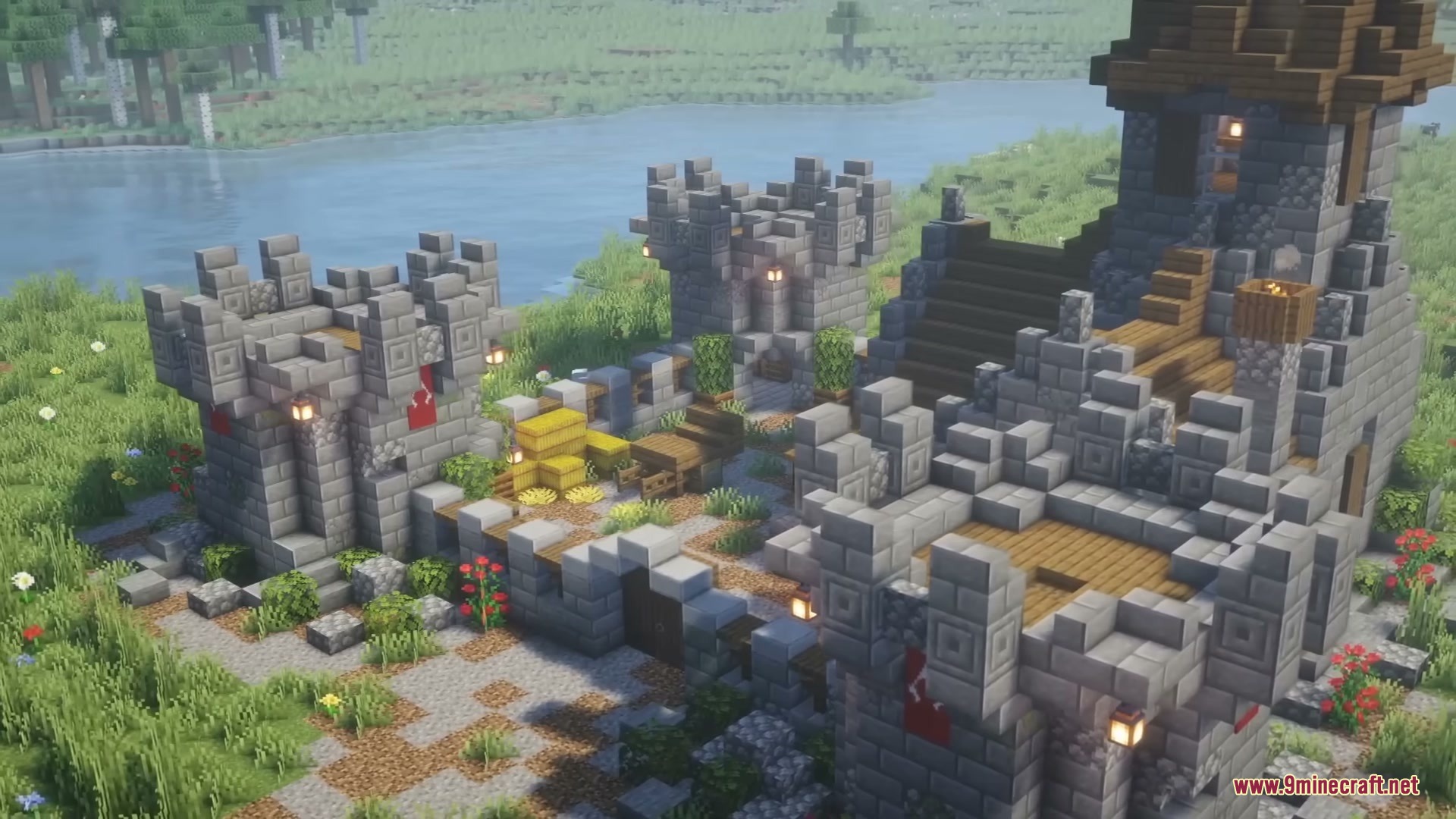 Middle Age Castles Mod Screenshot 4 Aerial view of a stone castle courtyard with towers and hay bales