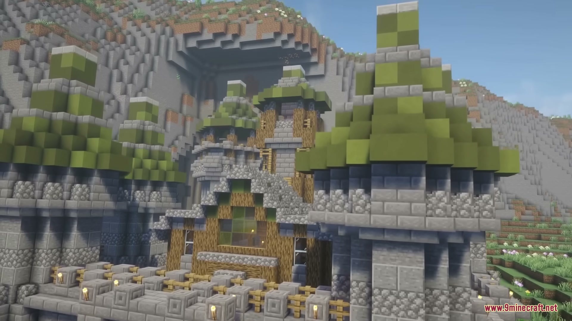 Middle Age Castles Mod Screenshot 8 A massive medieval castle with green roofs built into a rocky mountain