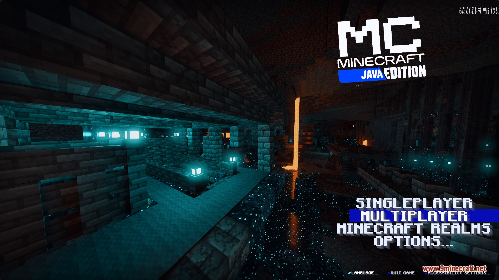 Minecraft main menu screen with stylized blue text and dark ancient city background