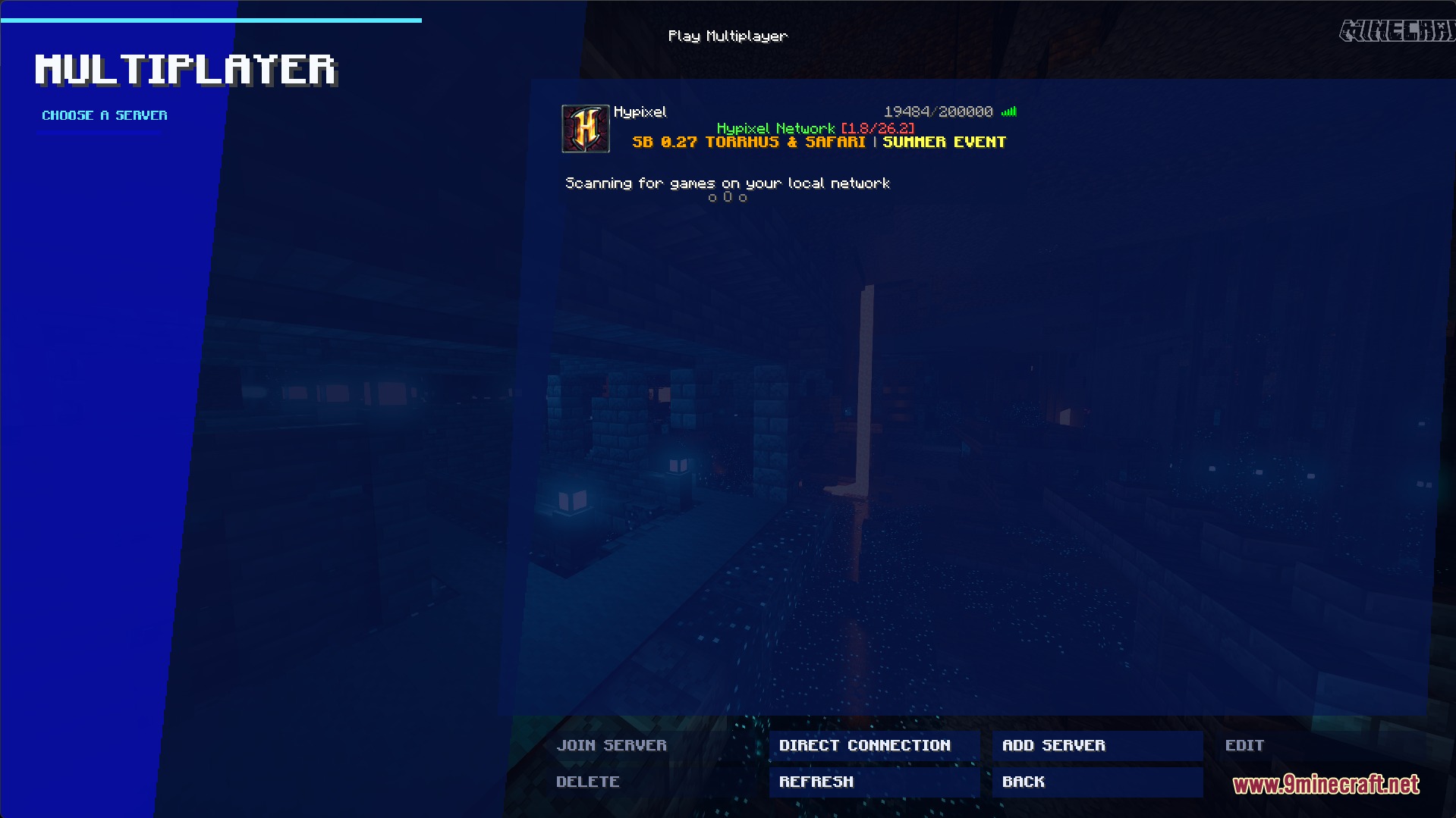 Multiplayer server menu with a dark blue interface showing the Hypixel server list