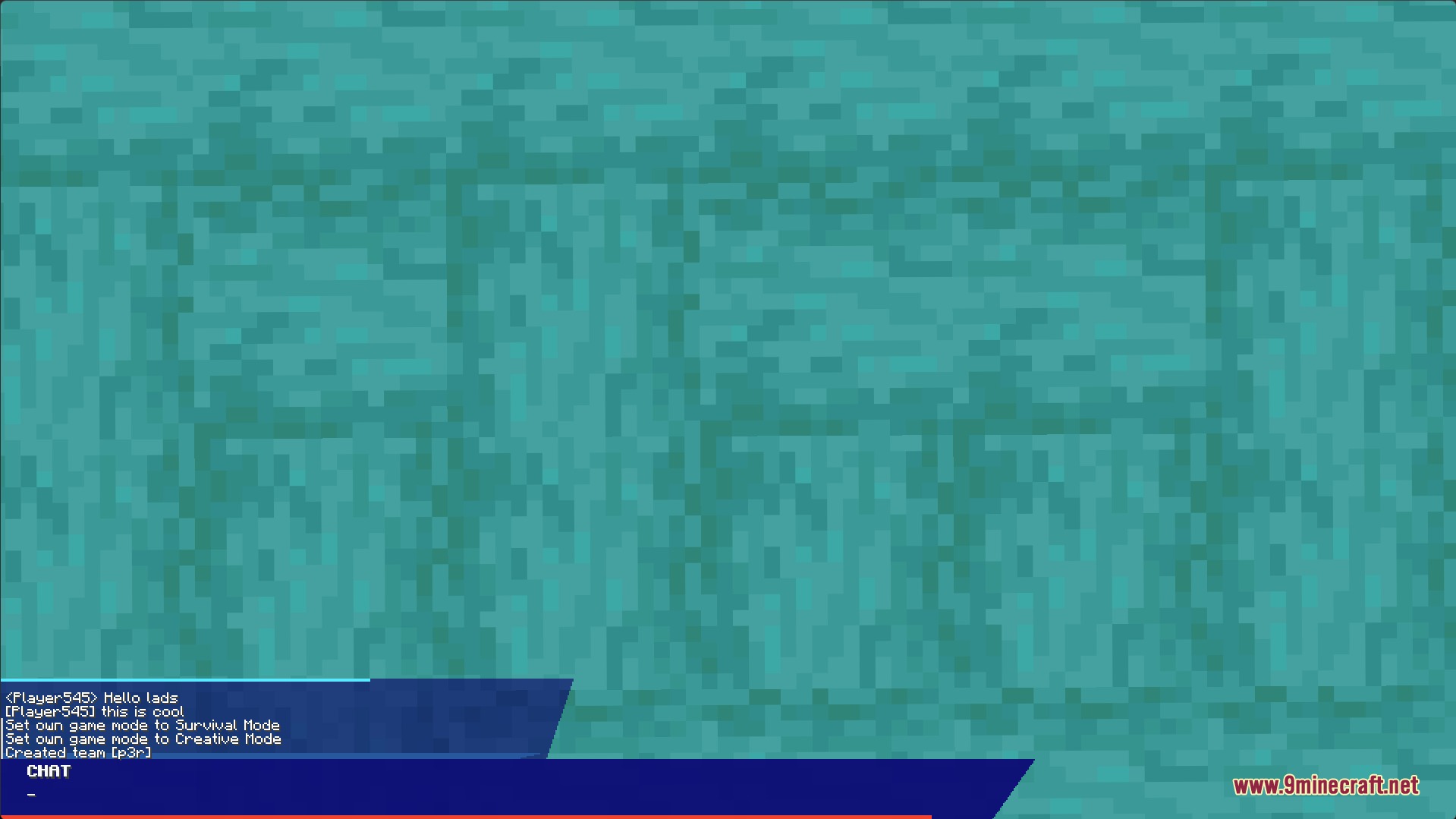 A custom blue chat interface showing messages in a Minecraft world