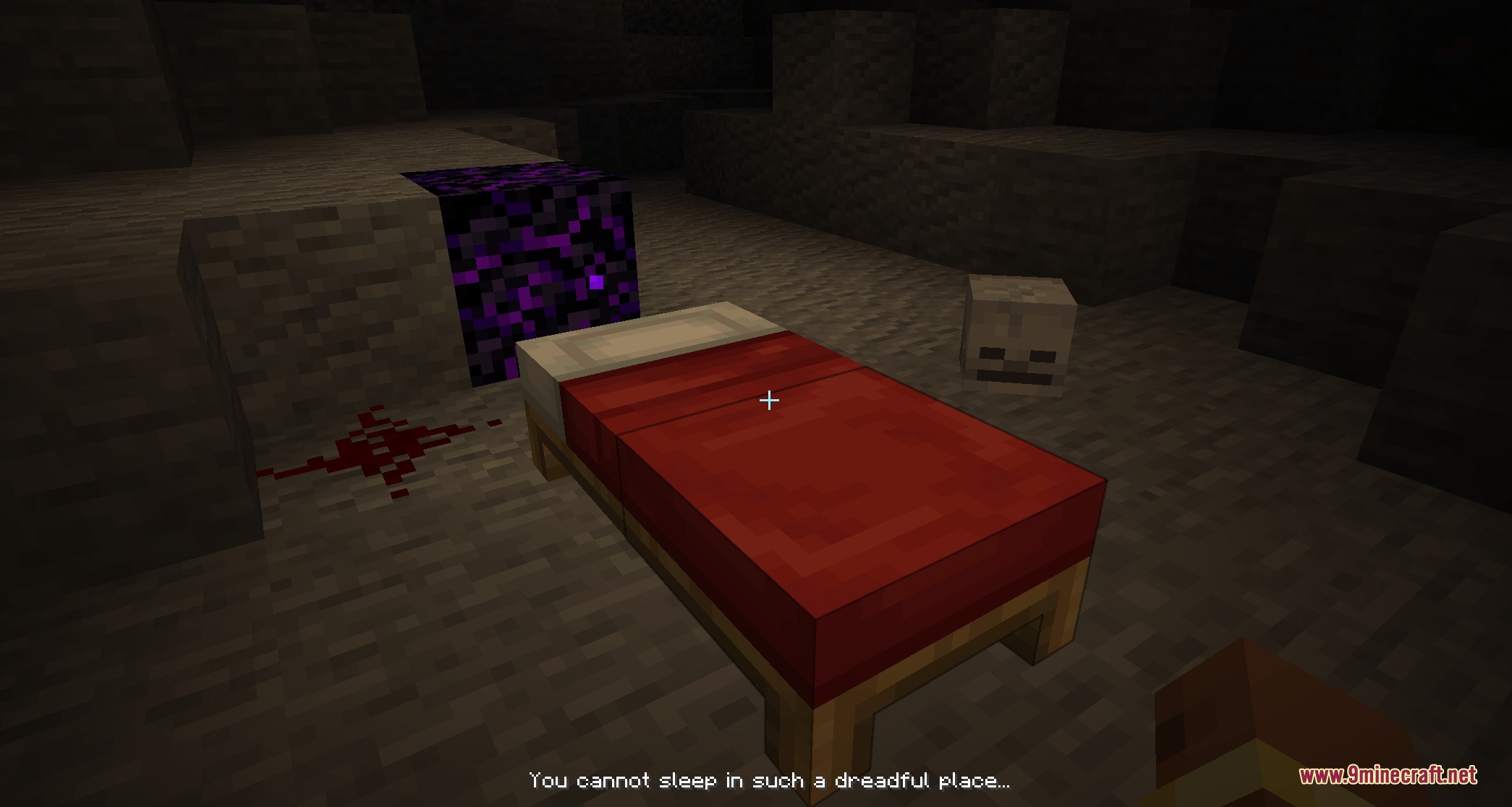 Midnight Thoughts Mod Screenshot 1 A red bed in a dark cave with a skeleton skull nearby