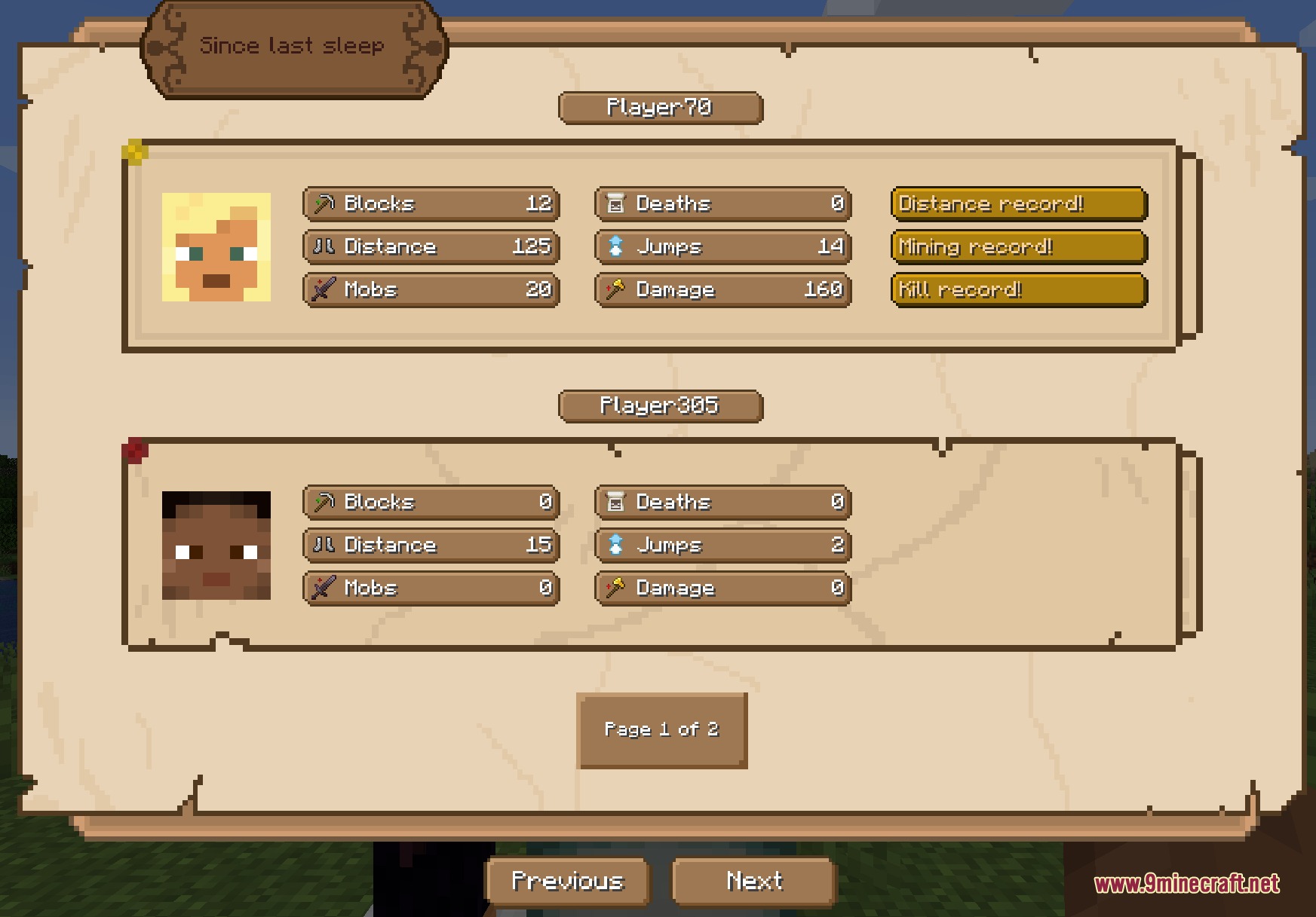 Midnight Thoughts Mod Screenshot 7 A menu screen showing player statistics and records since their last sleep