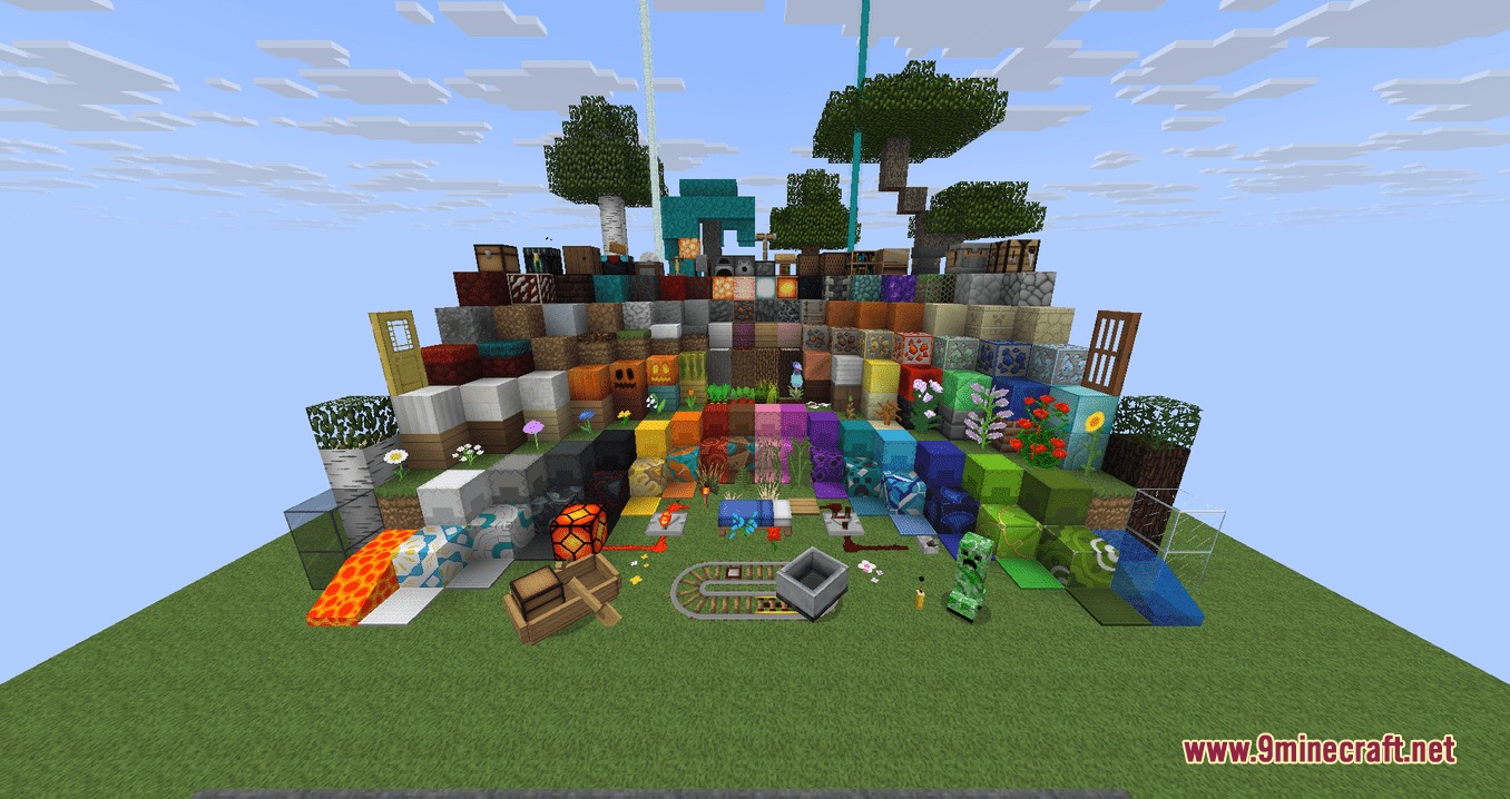 Mike Pack 2.0 Resource Pack Screenshot 1 A colorful tiered display of various Minecraft blocks and items in a field