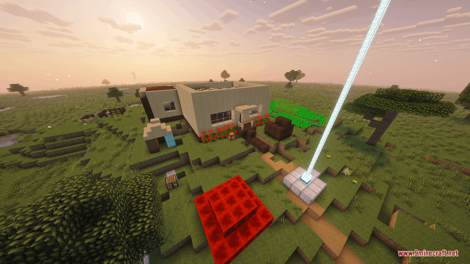 Mike Pack 2.0 Resource Pack Screenshot 3 A Minecraft house with a beacon beam and redstone blocks during sunset
