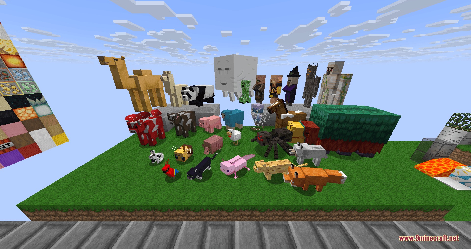 Mike Pack 2.0 Resource Pack Screenshot 4 Various Minecraft mobs and blocks displayed together on a floating grass platform