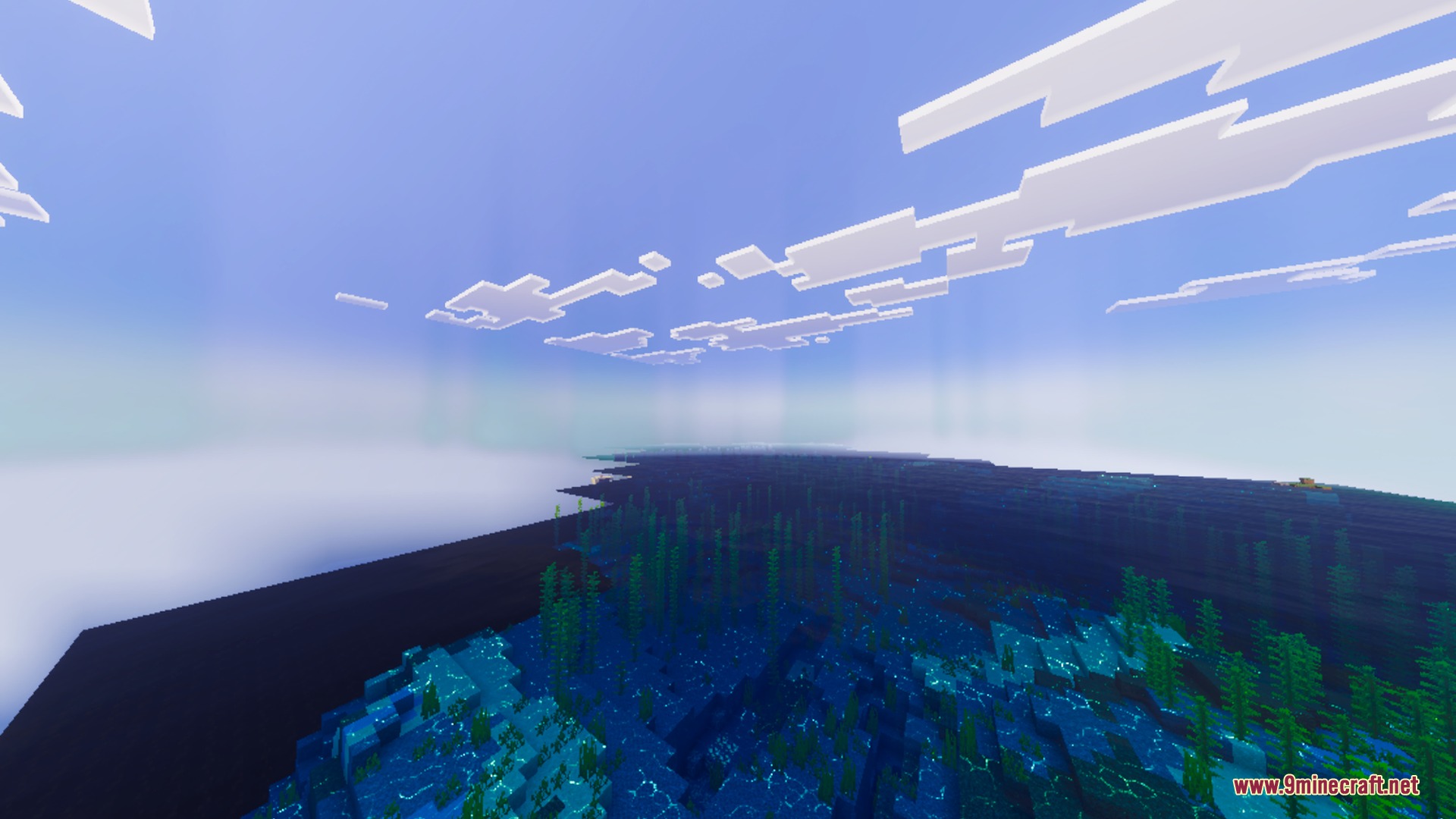 Mike Ultra Visuals Shader Screenshot 1 Vibrant light beams illuminate a vast ocean biome with visible underwater kelp plants