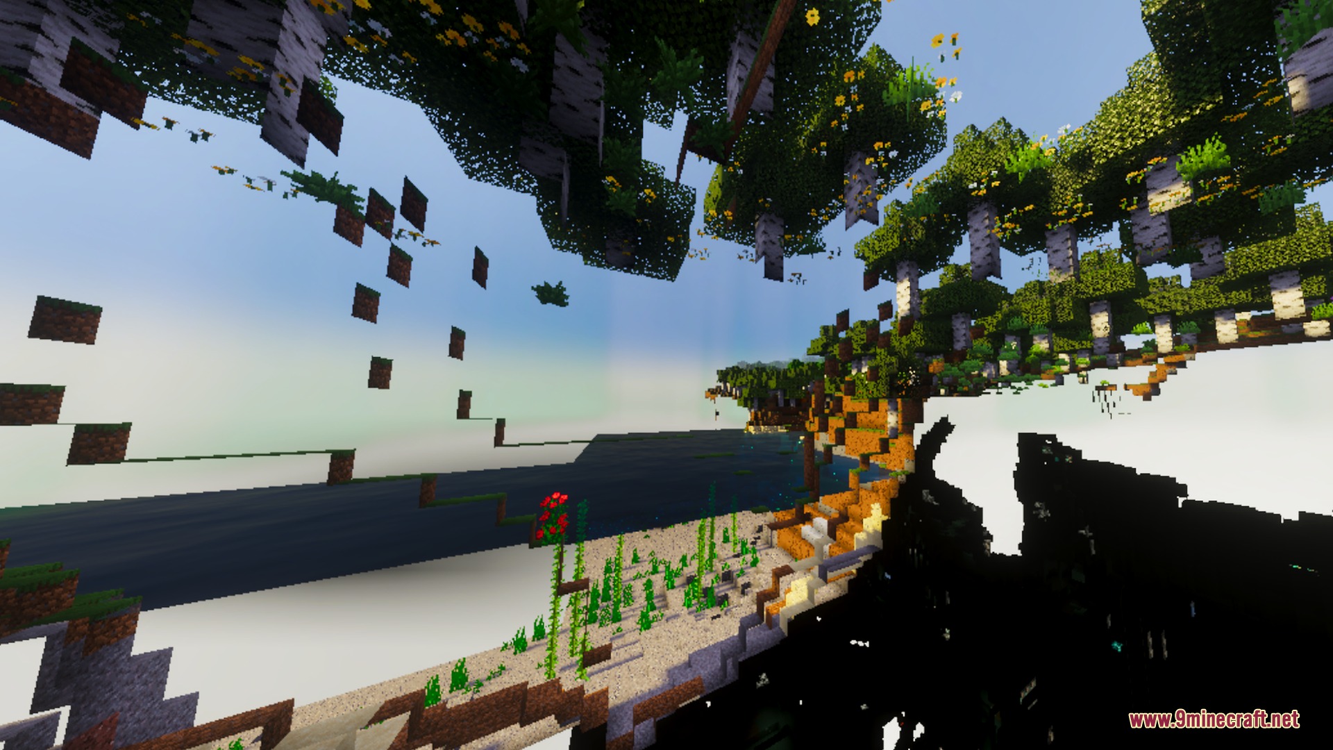 Mike Ultra Visuals Shader Screenshot 4 A glitched perspective of a birch forest and sandy beach in Minecraft